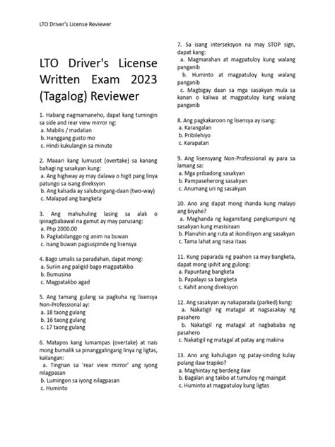LTO Driver's License Written Exam 2023 (Tagalog) Reviewer.